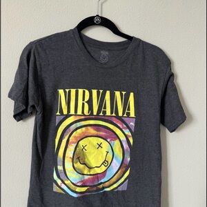 NIRVANA Charcoal Tee with Vibrant Smiley Design